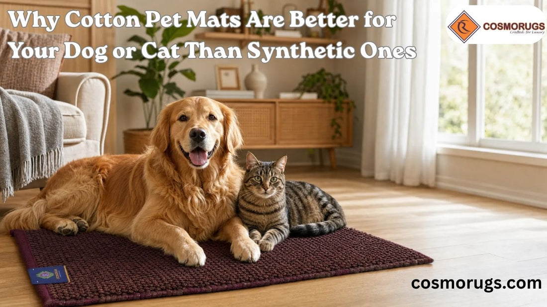 Golden retriever dog and tabby cat resting together on a soft handmade cotton pet mat in a modern living room, showcasing the benefits of cotton pet mats over synthetic alternatives.