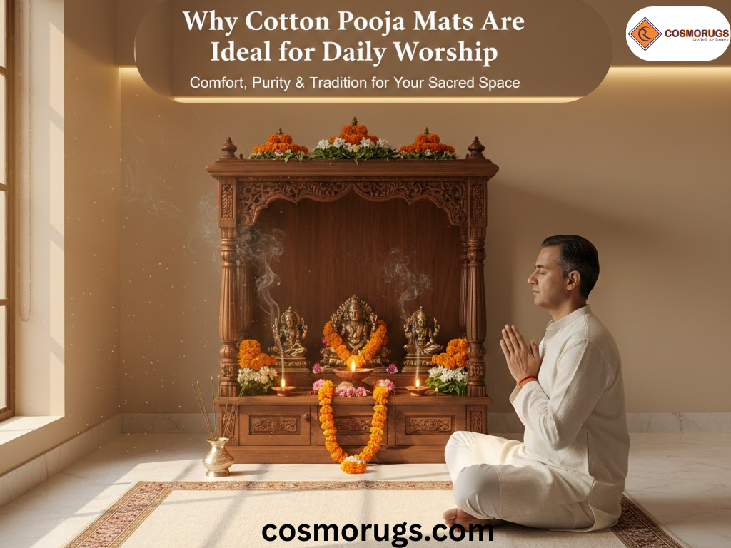 Cotton pooja mat placed in front of a wooden home mandir with diya and flowers, creating a clean and peaceful daily worship setup.