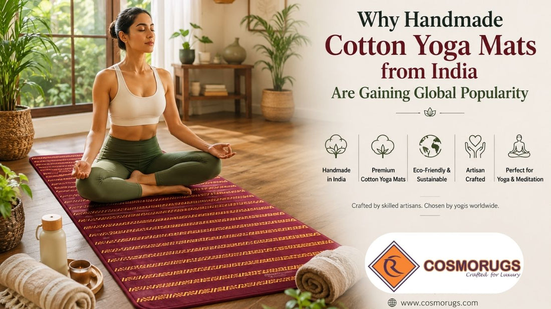 Handmade cotton yoga mat from India featured in a realistic home yoga setting with a woman practicing meditation and natural wellness accessories.