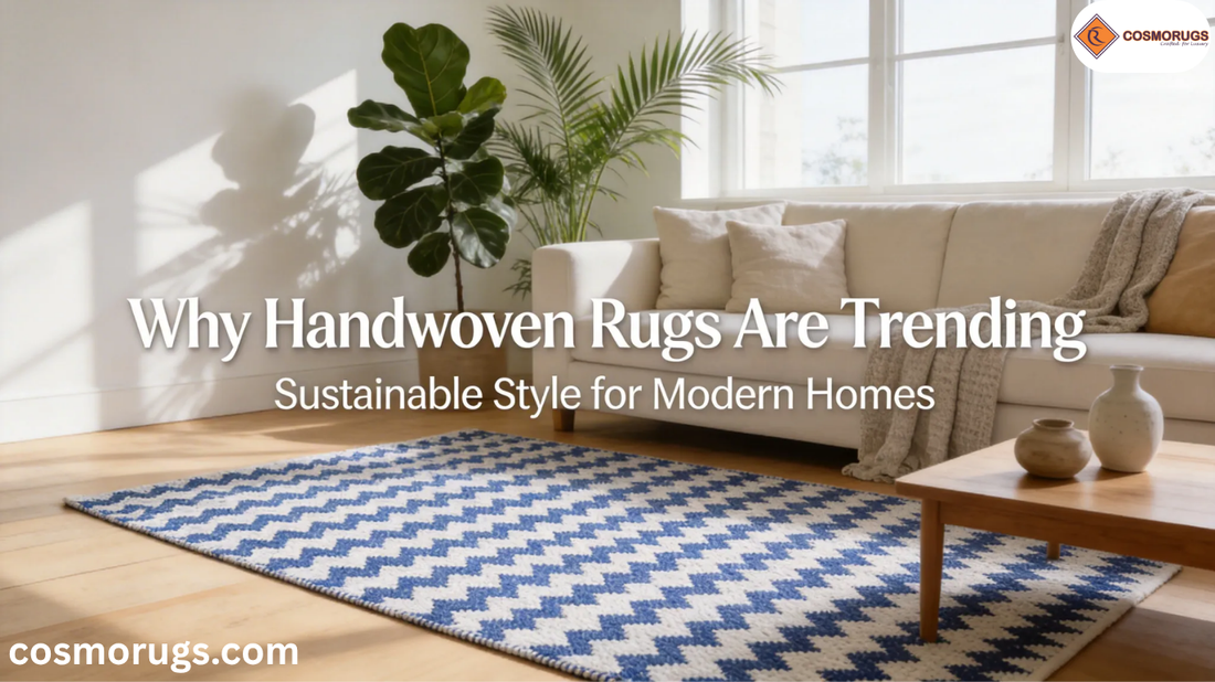 Modern living room featuring a neutral-toned handwoven cotton rug with visible woven texture, wooden furniture, and natural sunlight