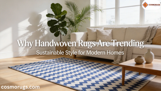 Modern living room featuring a neutral-toned handwoven cotton rug with visible woven texture, wooden furniture, and natural sunlight