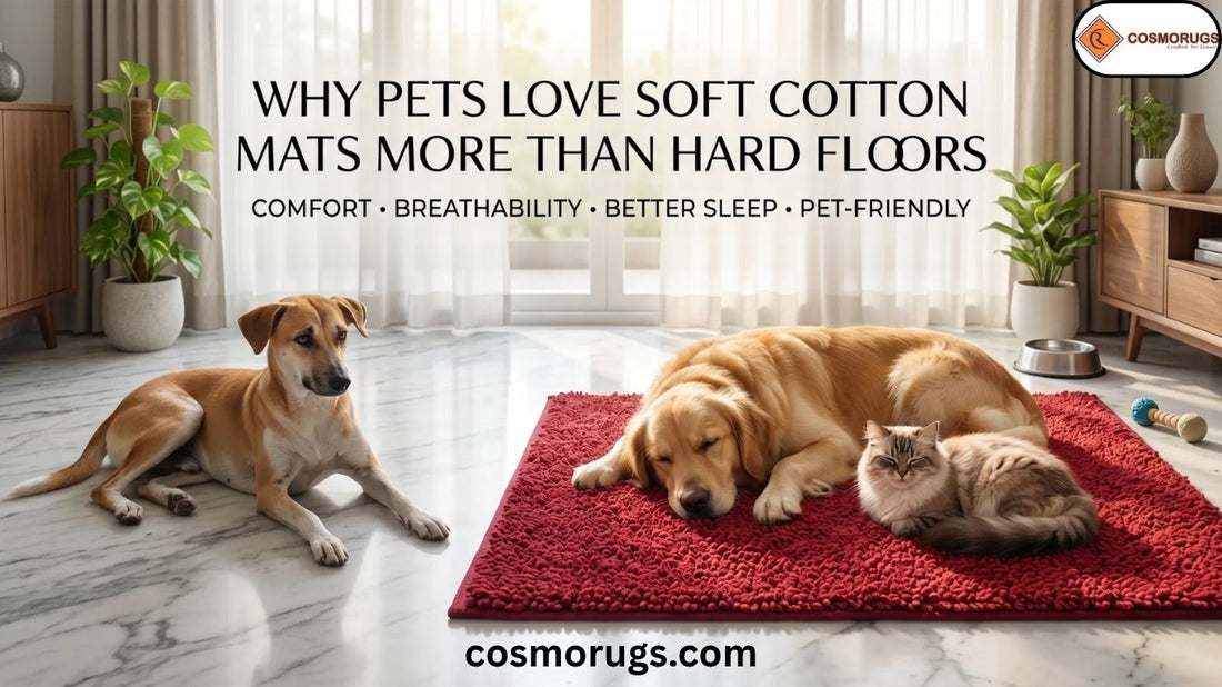 Dog and cat relaxing on a soft handmade cotton pet mat in a modern Indian home, highlighting superior comfort, breathability, and support compared to hard marble flooring.