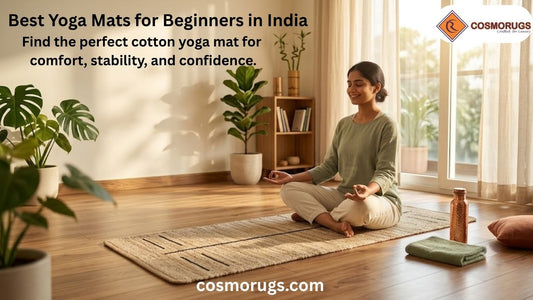 Beginner practicing yoga on an eco-friendly anti-slip cotton yoga mat in a modern Indian home with natural sunlight.