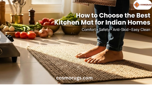 Anti skid cotton kitchen mat in an Indian home kitchen absorbing water while providing comfortable support underfoot
