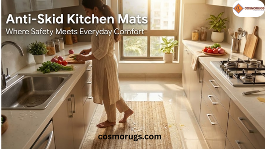 Anti-skid kitchen mat placed near sink preventing slips on wet floor while providing cushioned comfort for standing