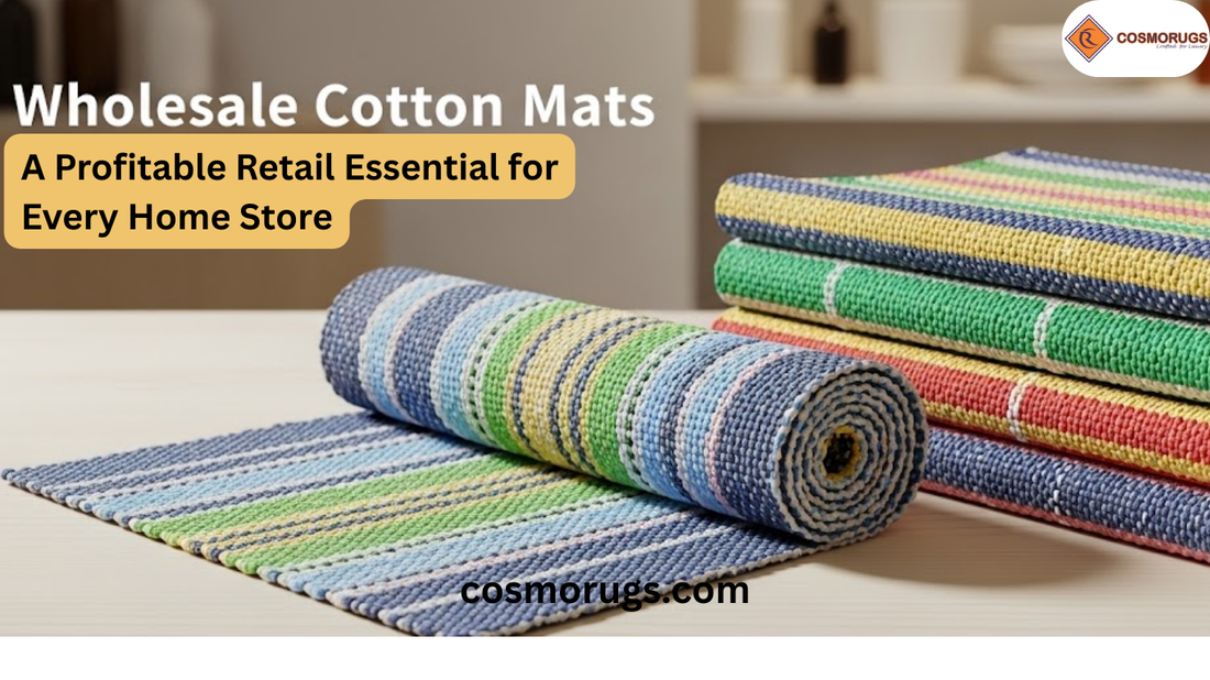 Wholesale cotton kitchen mats displayed in a modern kitchen showing soft absorbent fabric, stylish designs, and bulk retail-ready presentation for home décor stores.