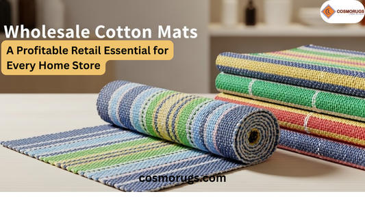 Wholesale cotton kitchen mats displayed in a modern kitchen showing soft absorbent fabric, stylish designs, and bulk retail-ready presentation for home décor stores.