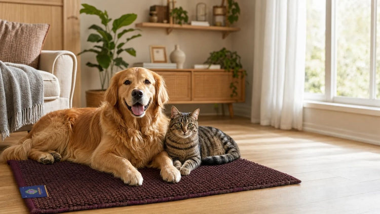 Cosmorugs premium cotton pet mat with a dog and cat resting comfortably in a modern living room.