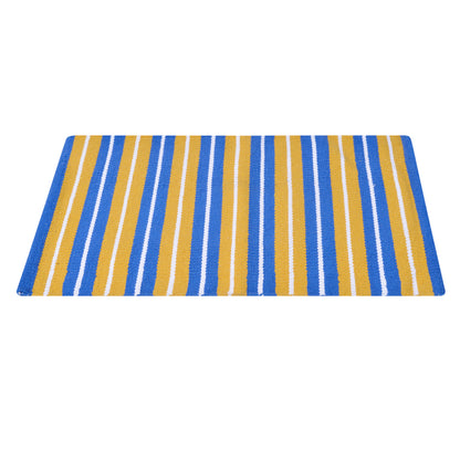 Cosmorugs Cotton Door Mats Striped Blue and Yellow with White Line Mat