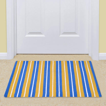 Cosmorugs Cotton Door Mats Striped Blue and Yellow with White Line Mat