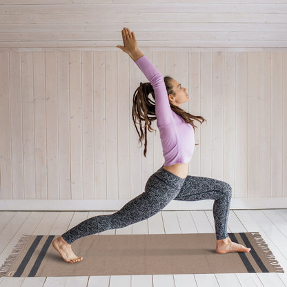 Cosmorugs Cotton Yoga Mat Beige with Black Horizontal Stripes Open End