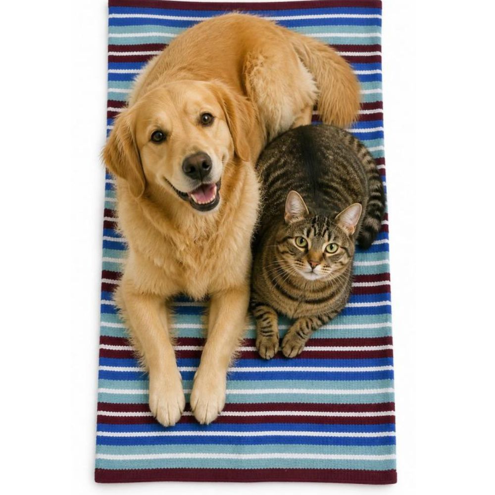 Cosmorugs Cotton Pet  Mats 4x3 feet Maroon, White, Blue and Light Blue Color Stripes